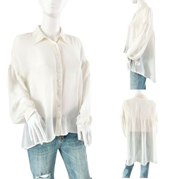 Express Tops - 𝅺EXPRESS Sheer Hi Lo Button Down Pleated Tunic Blouse Size Small